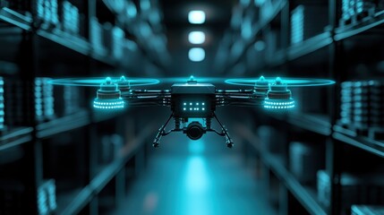 Poster - Drone flying inside an advanced warehouse, scanning barcodes of electronic goods for efficient sorting and storage.