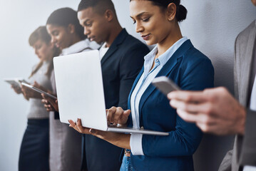 Poster - Laptop, woman or business people waiting for recruitment, hiring and job interview in office. Sign up, phone or candidates on technology in corporate workplace for employment opportunity registration