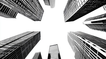 Fototapete - Low angle view of skyscrapers in black and white, creating a radiating pattern against a bright white background. The image features a strong sense of height and urban density.
