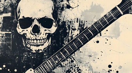 Poster - Ominous Skull Electric Guitar Silhouette Against Grunge Backdrop