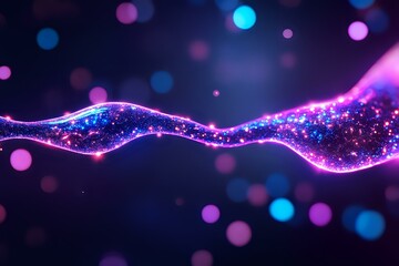 Poster - Glowing wave of sparkling particles with purple and blue bokeh lights on dark background creates magical atmosphere for festive designs and celebrations.