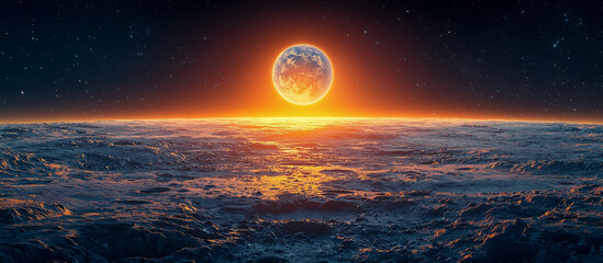 Wall Mural - A glowing moon on the horizon in a starry night sky above an expansive landscape