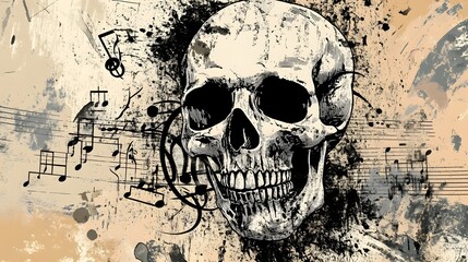 Poster - Ominous Skull with Musical Notes Abstract Digital Art Grunge