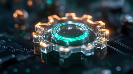 Poster - Glowing turquoise gear mechanism on dark circuit board with orange light effects and bokeh background creates futuristic technological atmosphere.