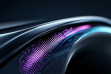 Poster - Abstract curved black surface with glowing neon dots pattern in purple and blue colors creating modern futuristic background for technology designs.