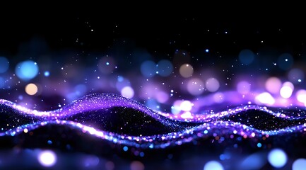 Poster - Magical glowing wave of sparkling particles flowing on dark background with purple and blue bokeh lights creates dreamy cosmic atmosphere.