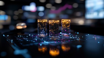 Poster - Glowing network connections with illuminated glass cylinders on dark surface, abstract technology concept with bokeh lights and reflections in blue and orange tones.
