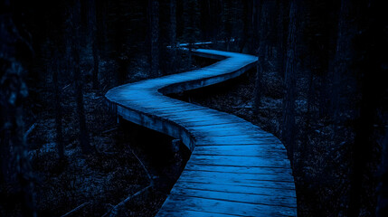 night forest boardwalk: a dark blue illustration