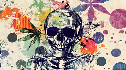 Poster - Psychedelic Skull Grunge Artwork with Abstract Splatter Paint and Marijuana Leaf Elements