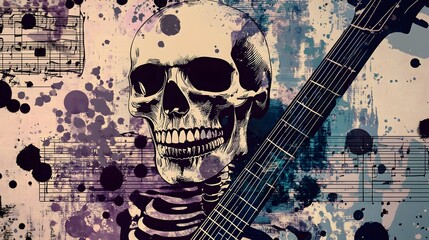 Poster - Skull Guitar Grunge Abstract Splash Art Digital Dramatic Moody Background