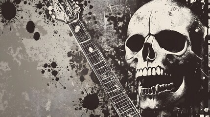 Poster - Skull Guitar in Gritty Grunge Splatter Paint Abstract Background for Heavy Metal Music Album Artwork or Halloween Horror Concept