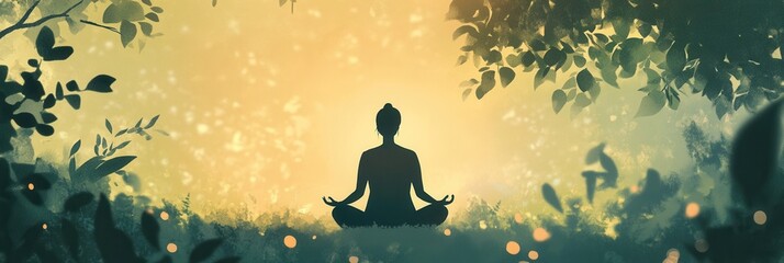 Poster - Meditation in nature creates tranquility in soft natural light amidst lush greenery during a peaceful moment of reflection