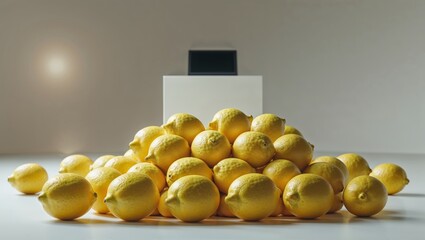 Poster - lemons arranged in a vibrant pile with a minimalist background at a modern indoor setting