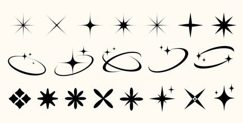 y2k of star shapes starbursts, sparkles, and orbit elements set.abstract minimal twinkles with cosmi