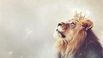 Wall Mural - a majestic lion with a crown on its head, looking up towards the sky, with a white background and wh