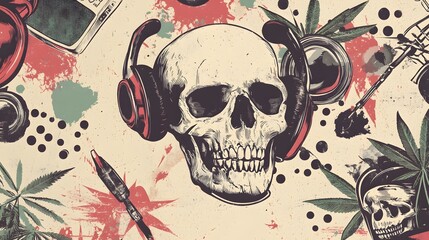 Poster - Skull Headphones Grunge with Splattered Paint and Abstract Texture