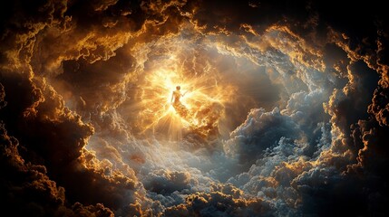 Poster - Celestial being drifting through golden skies ethereal landscape digital art dreamlike atmosphere surreal viewpoint