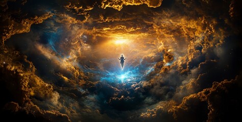 Aufkleber - Celestial being floating above earth amidst dramatic clouds ethereal scene cosmic environment divine viewpoint