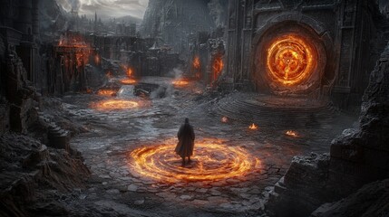 Aufkleber - Celestial being enters ancient city through fiery portal fantasy realm dramatic landscape surreal environment