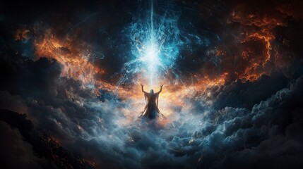 Aufkleber - Celestial figure casting spell in the sky fantasy realm digital art cosmic environment dramatic viewpoint magic concept