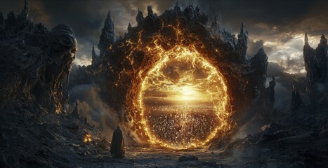 Aufkleber - Celestial figure opens portal between realms dramatic landscape digital art fantasy environment wide viewpoint