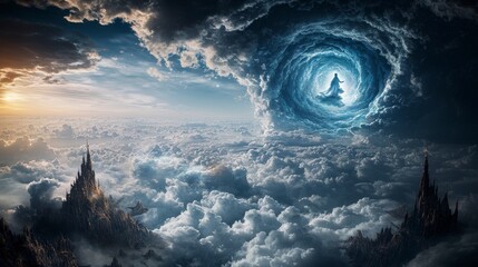 Poster - Spiritual celestial figure in ethereal landscape - digital art depicting a mystical view from the clouds