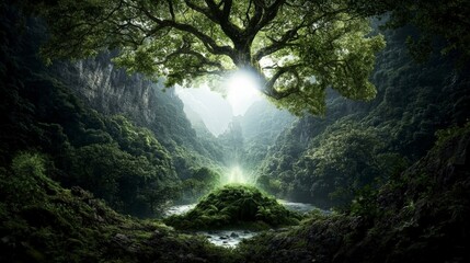 Poster - Celestial figure illuminates vibrant nature scene lush valley digital art serene environment low angle mystical concept