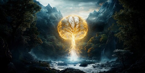 Poster - Celestial figure illuminates vibrant nature scene enchanted forest digital art mystical environment dramatic viewpoint