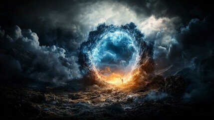 Poster - Celestial mage opens dimensional gateway revealing mystical realms surreal landscape fantasy art dramatic atmosphere