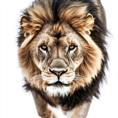 Wall Mural - alpha lion moving with purpose eyes locked on viewer pure white background highlighting strength and