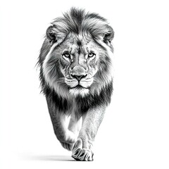 Wall Mural - alpha lion moving with purpose eyes locked on viewer pure white background highlighting strength and