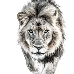 Wall Mural - alpha lion moving with purpose eyes locked on viewer pure white background highlighting strength and