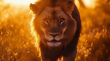 Wall Mural - alpha lion walking toward camera determined eyes glowing mane backlit by warm sunset cinematic compo