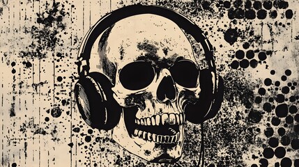 Poster - Skull Wearing Headphones on Grunge Textured Background with Splatters and Dots