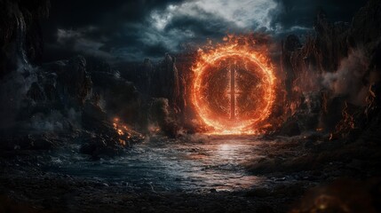 Aufkleber - A grand portal opens to other realms dark landscape digital art surreal environment wide angle fantasy concept