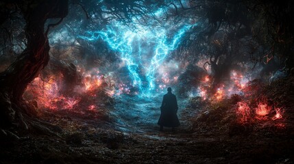 Aufkleber - Lone explorer discovers hidden realm of magic enchanted forest fantasy art mysterious atmosphere wide view adventure