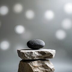 Poster - Elegant arrangement of a smooth black stone balanced on textured beige rocks with a soft bokeh background