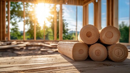 Poster - Neatly stacked lumber in foreground with a partially built wooden house frame in the background under bright sunlight, construction site scene.