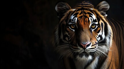 Wall Mural - bold and powerful tiger portrait eyes glowing in soft ambient light deep shadows adding moody intens