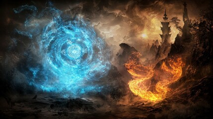 Poster - Epic battle of fire and ice warrior confronts foe in mystic realm fantasy art dramatic landscape