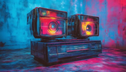Two robot eyes watch in a blue and red room