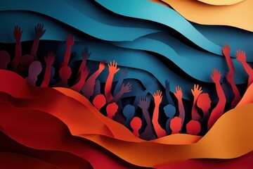 Leinwandbilder - Layered cut out silhouettes of an inspiring crowd symbolizing activism with dynamic colors Generative AI