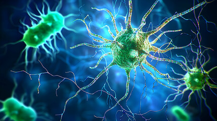 Microscopic View of Biological Cells Displaying Intricate Green and Blue Structures