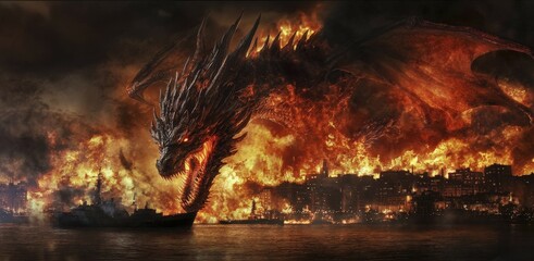 Poster - Massive dragon demon causes chaos in human city epic fantasy art fire and smoke dramatic viewpoint