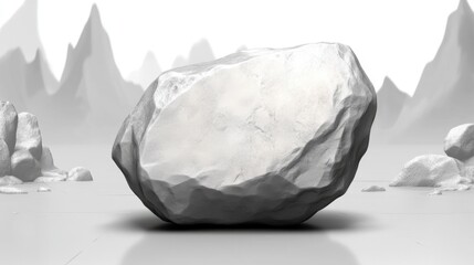 Poster - large gray boulder dominates a minimalist grayscale landscape, reflecting subtly on a smooth surface