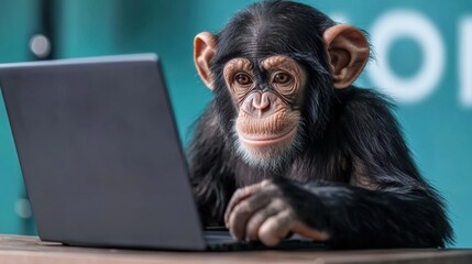 Poster - Tech-savvy chimpanzee analyzing stock charts on a laptop, looking professional.