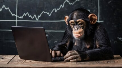 Poster - Tech-savvy chimpanzee analyzing stock charts on a laptop, looking professional.