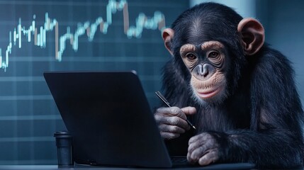 Poster - Tech-savvy chimpanzee analyzing stock charts on a laptop, looking professional.