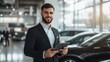 © Viktoriia - Inside a modern car dealership, a well-dressed sales representative smiles while holding a tablet