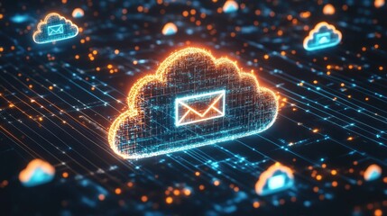Poster - Cloud communication concept with floating messages in a digital sky.